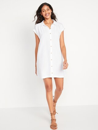 Short-Sleeve Double-Weave Mini Swing Shirt Dress for Women | Old Navy (CA)