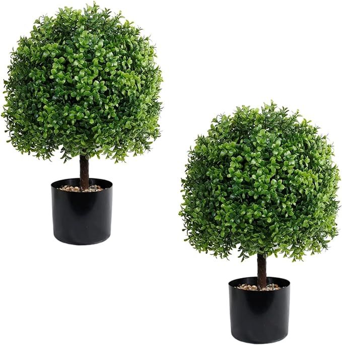 2Pcs Artificial Boxwood Plants Outdoor (22" T,13" D)- Realistic Faux Boxwood Ball Topiaries for I... | Amazon (US)