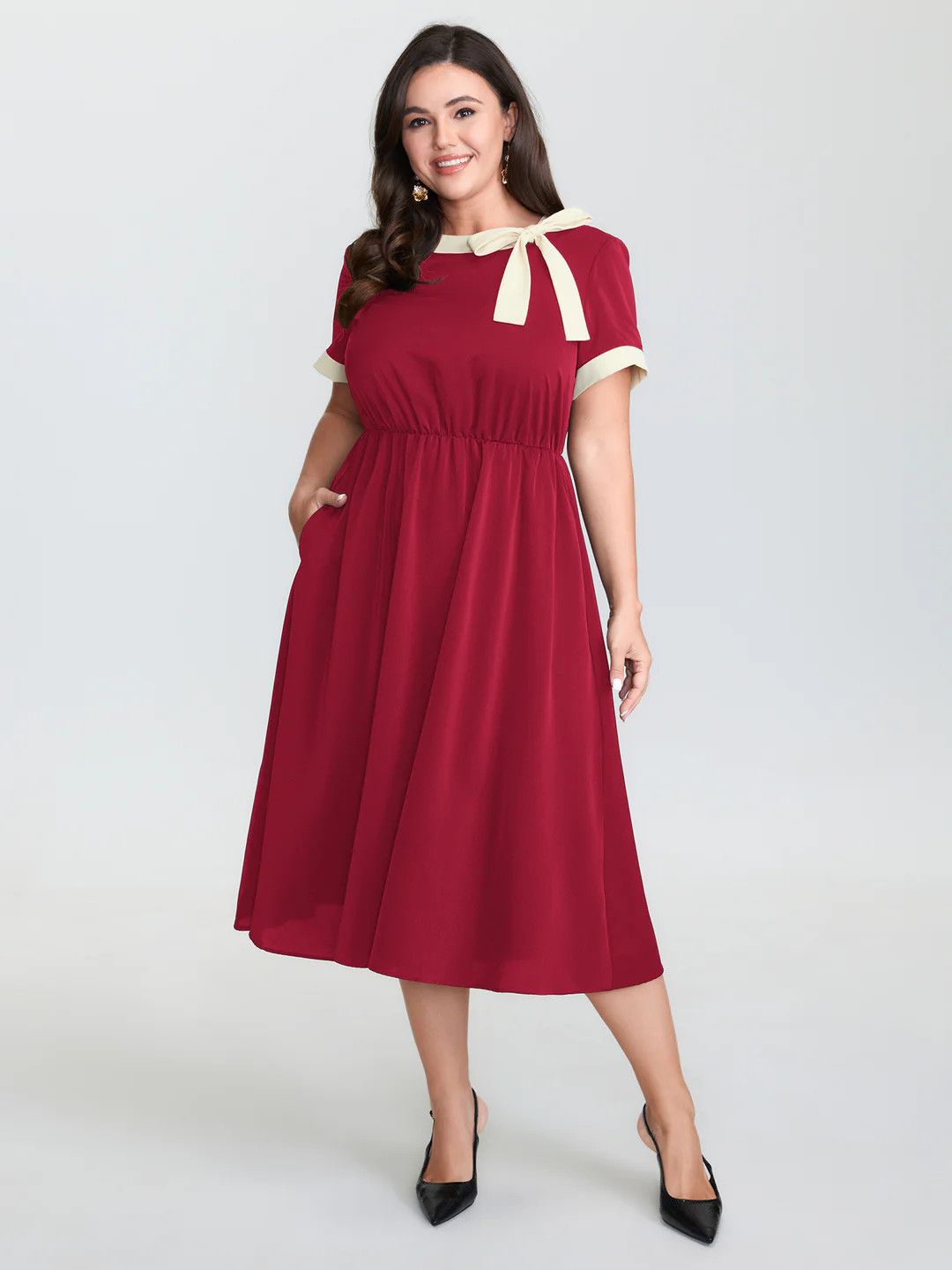 Bow Neckline Stretchy Waist Midi Dress | Bloomchic