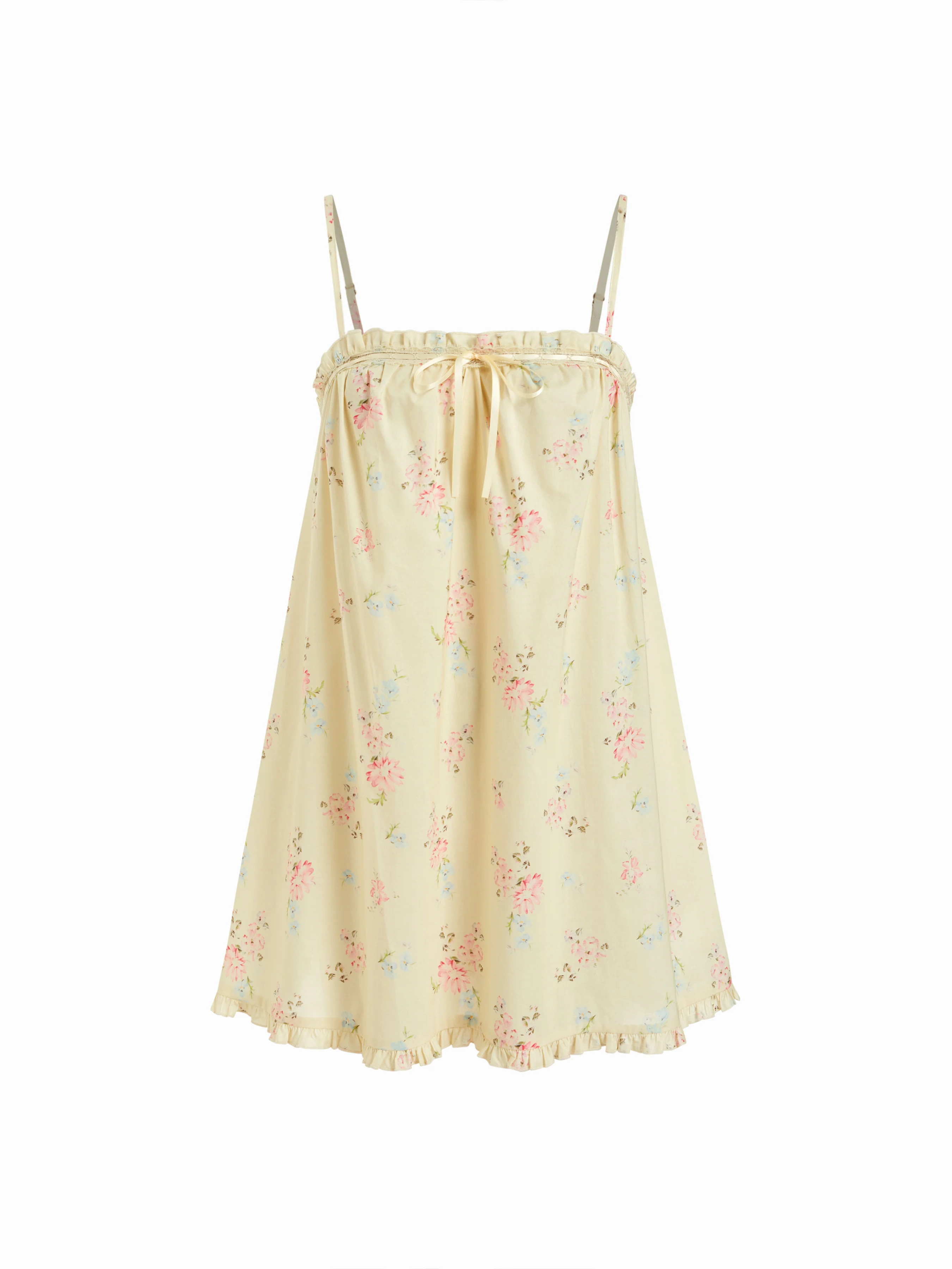 Woven Cotton Floral Square Neck Bowknot Lace Trim Ruffle Hem Mini Nightdress For Home Bedroom | Cider