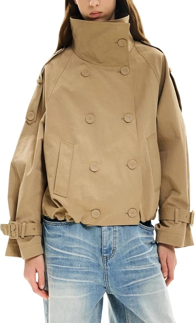 Womens Cropped Trench Coat Funnel Neck Double Breasted Pleated Hem Trendy Fall Outfits Spring Jac... | Amazon (US)