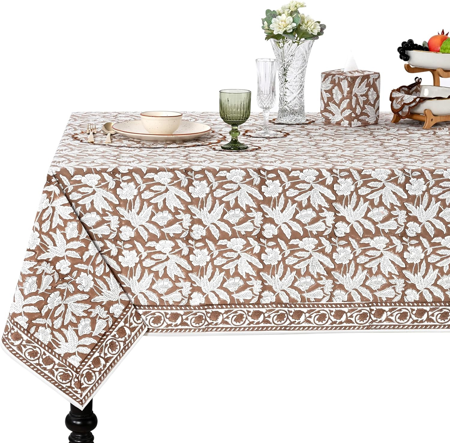 Ridhi Oak Brown Hand Block Print Rectangle Tablecloth 108x60 Inch | Amazon (US)