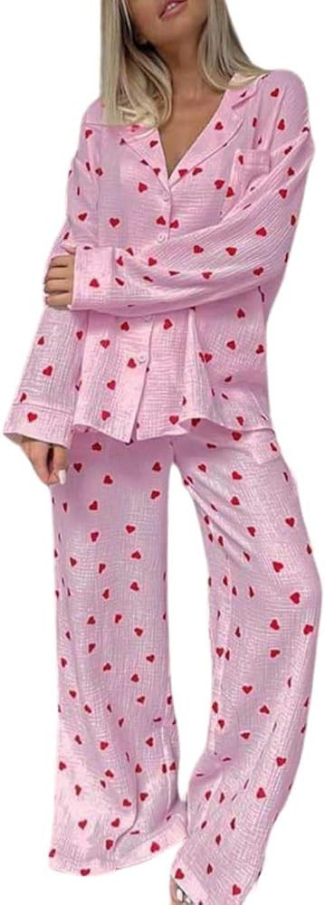 Womens Pajama Sets Cotton Pj Set Cute Heart Print Long Sleeve Button Down Shirt With Long Pants | Amazon (US)
