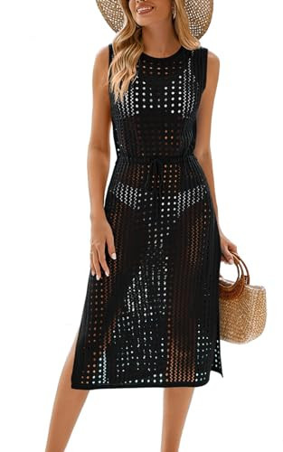 Uvog Beach Cover Ups for Women Crochet Long Swimsuit Coverup Vacation Outfits Black M | Amazon (US)