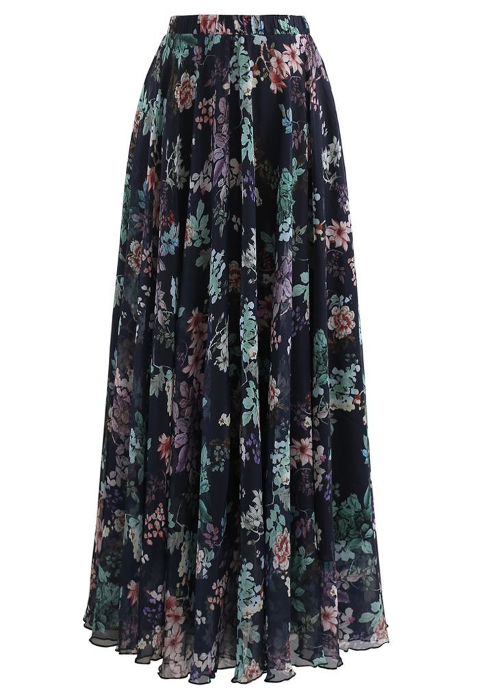 Exuberant Floral Chiffon Maxi Skirt in Navy | Chicwish
