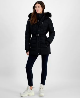 MICHAEL Michael Kors Women's Belted Bibbed Hooded Puffer Coat - Macy's | Macy's