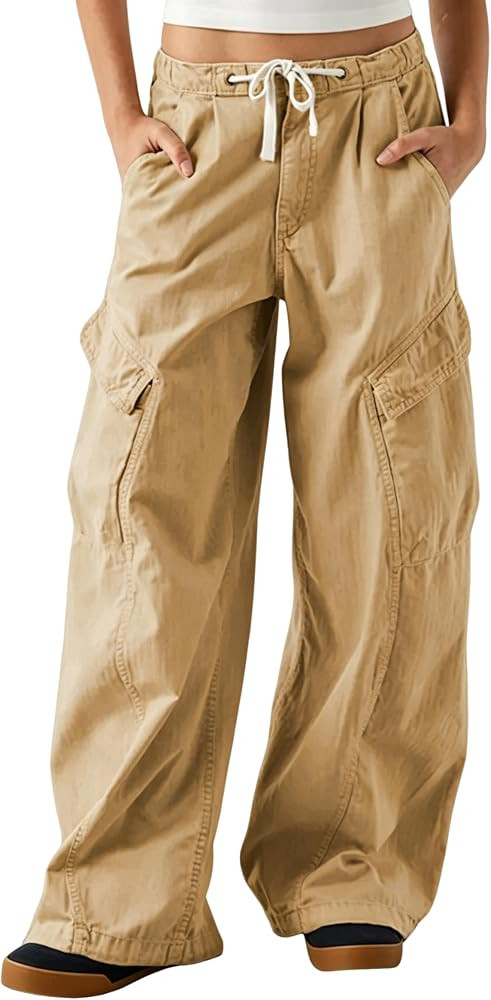 Wide Leg Cargo Pants for Women Drawstring Elastic Waist Barrel Baggy Jeans with Pockets | Amazon (US)