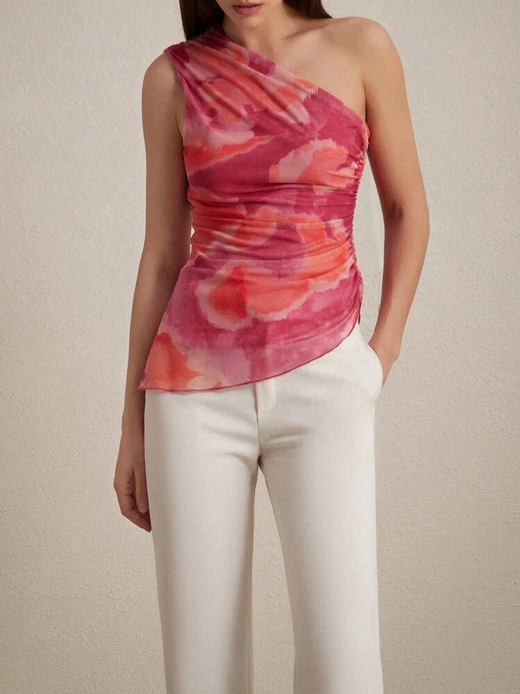 Aveloria Modichic Random Tie-Dye Mesh Fabric Print Ruched Slim Fit Asymmetric Elegant Summer Tank... | SHEIN