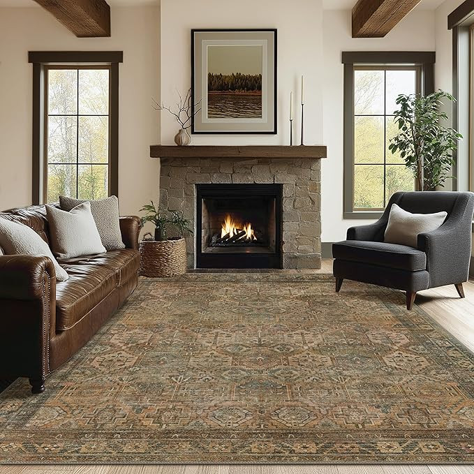 Bavni Area Rug 4x6 Machine Washable Vintage Distressed Print Ultra-Thin Chenille Bedroom Living R... | Amazon (US)