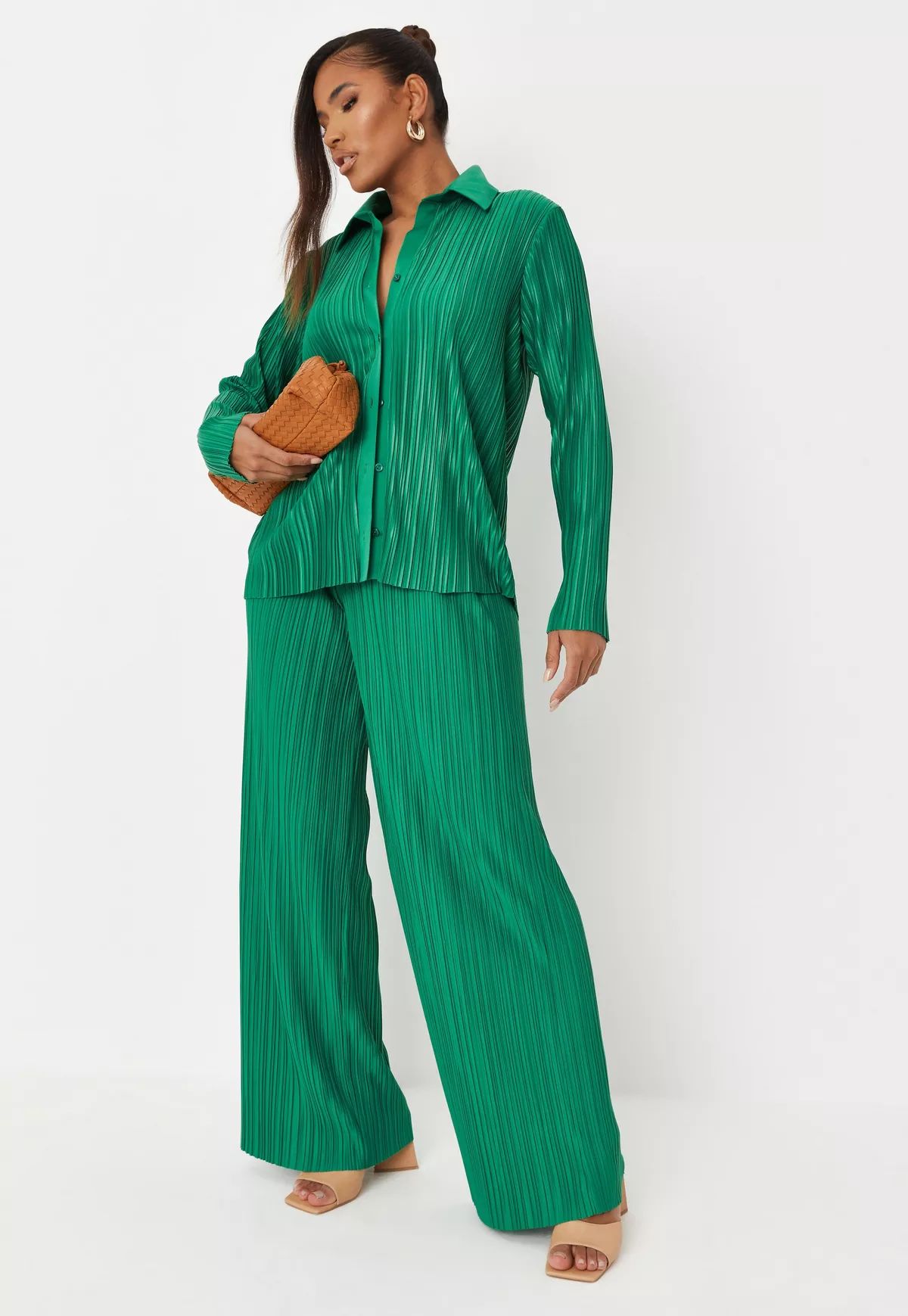Green Co Ord Plisse Wide Leg Pants | Missguided (US & CA)