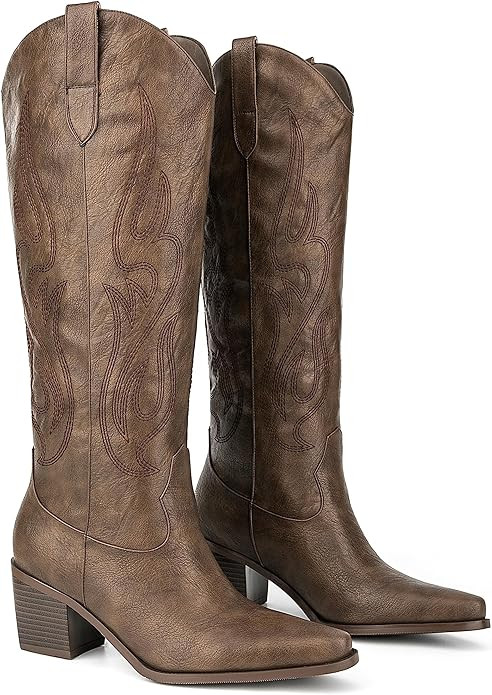 Pasuot Western Cowboy Boots for Women - Knee High Wide Calf Cowgirl Boots with Classic Embroidere... | Amazon (US)