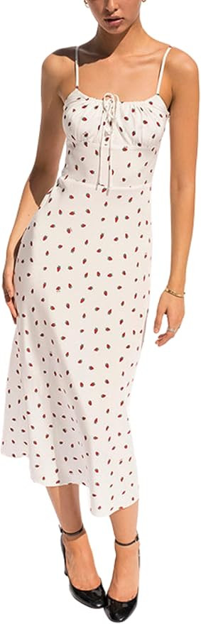 Omoone Women's Floral Dress Low-Cut Square Neck Spaghetti Strap Tie Bodycorn Dresses | Amazon (US)