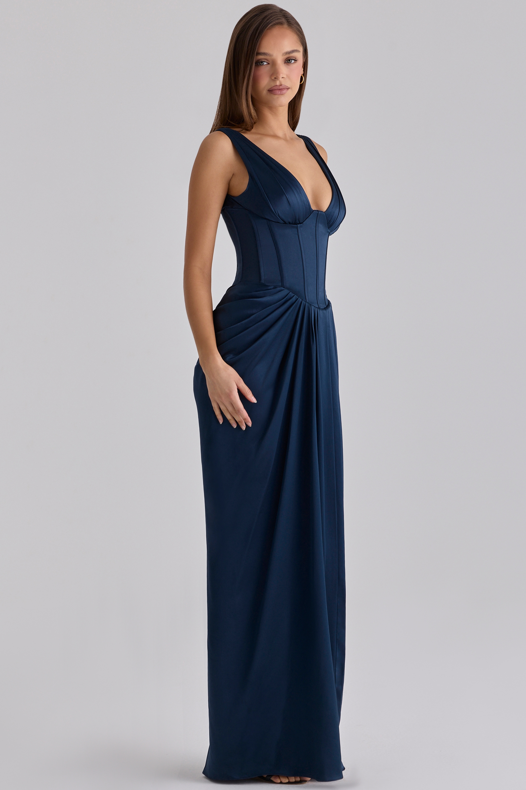 navy satin corset maxi dress | House of CB