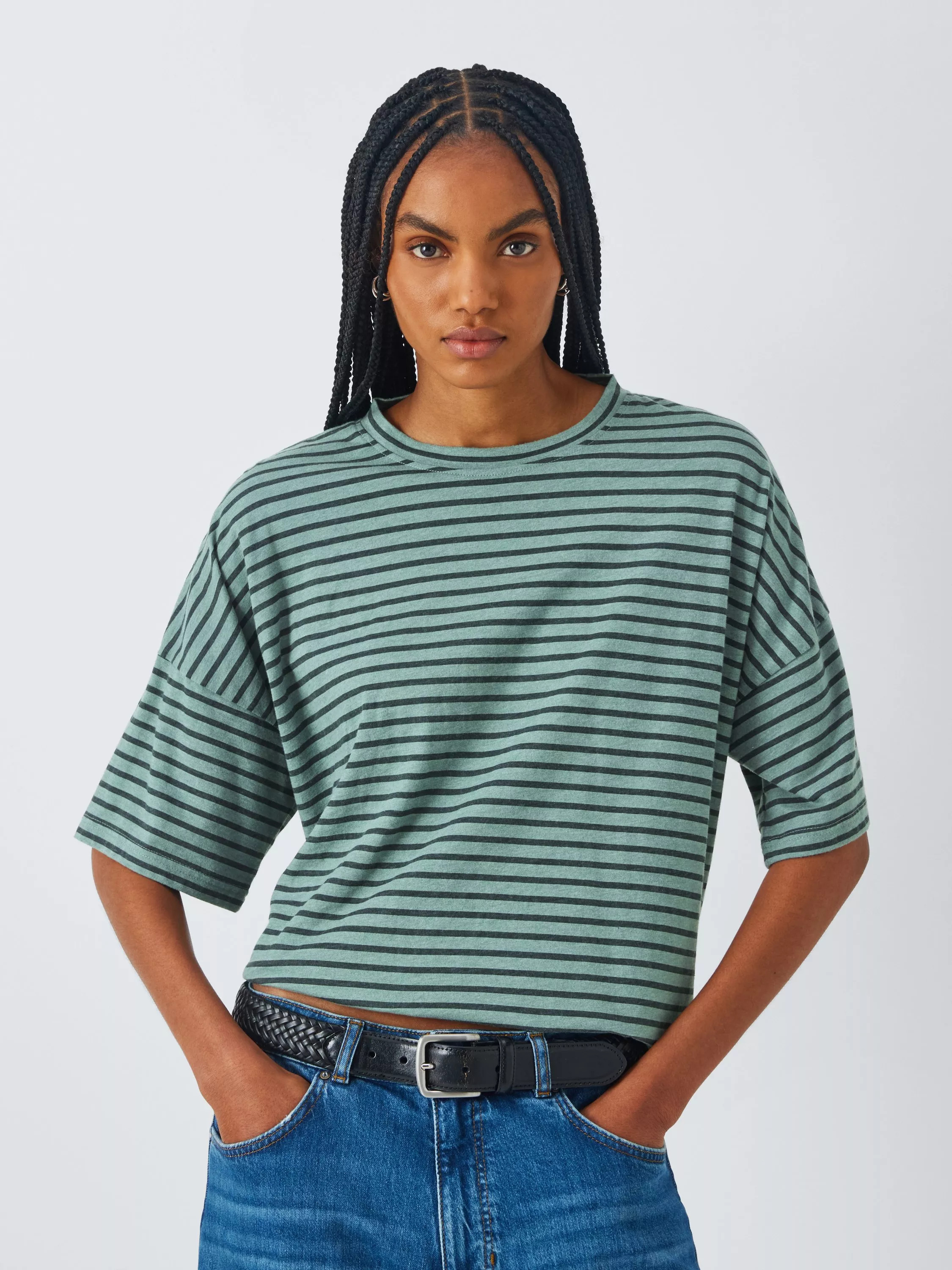 AND/OR Lottie Stripe Boxy Fit T-Shirt, Green Stripe | John Lewis (UK)