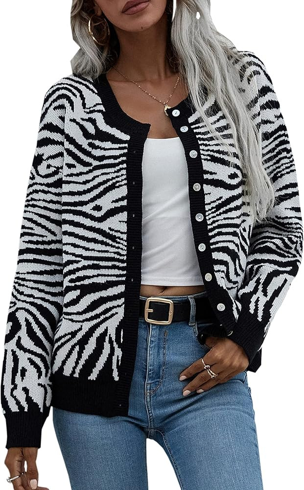 ECOWISH Womens Long Sleeve Button Down Color Block Striped Printed Oversized Knit Casual Cardigan Sw | Amazon (US)