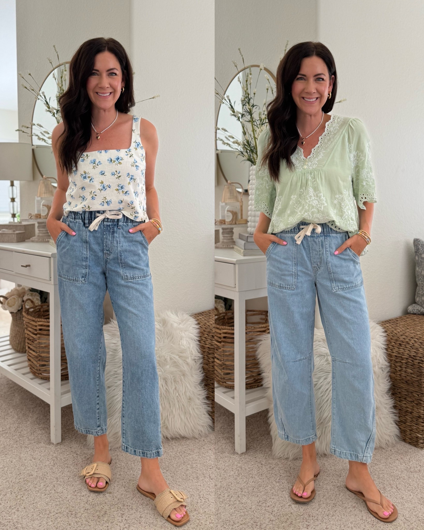 Pull on jeans 50% off! Wearing an xs in both 
•wearing a small in both tops
•sandals run tts 

#LTKSummerEdit #LTKSaleAlert #LTKStyleTip