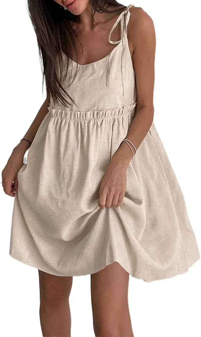 Women Boho Tie Shoulder Tiered Frill Swing Cami Dress Linen Sundress High Waist Mini Loose Dresse... | Amazon (US)