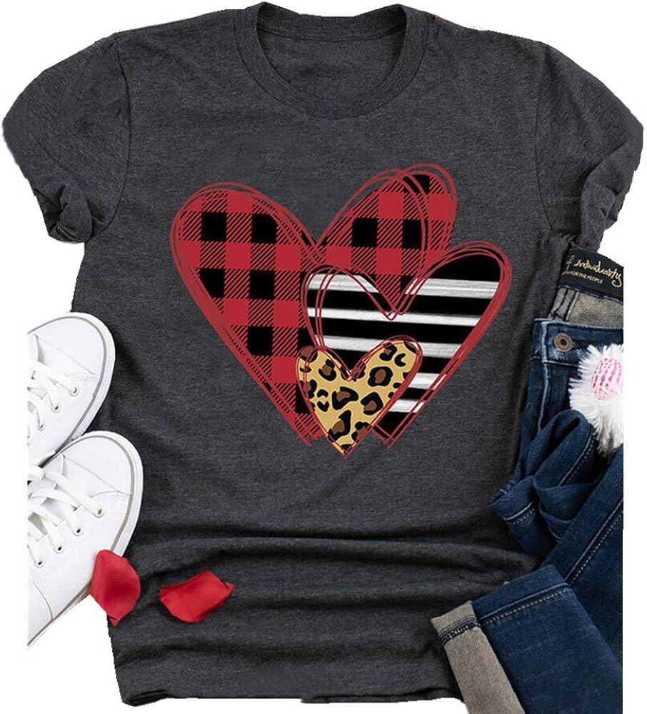 Womens Valentine's Day Funny Buffalo Plaid Leopard Love Heart Printed Shirts Short Sleeve Graphic... | Amazon (US)