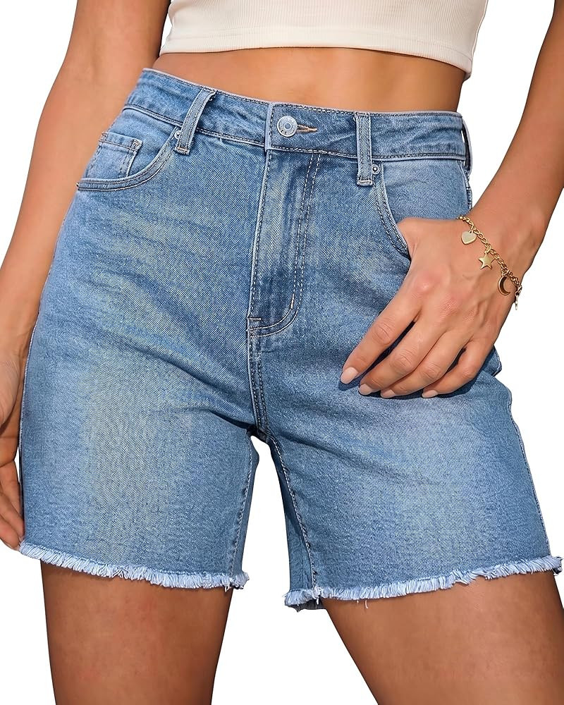 luvamia FleXclusive Jean Shorts for Women Trendy High Waisted Stretchy Denim Summer Raw Hem Mom L... | Amazon (US)