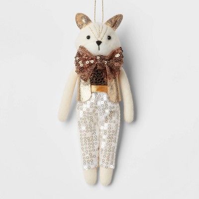 Fabric Fox Wearing Sequined Bowtie and Pants Christmas Tree Ornament White/Gold/Brown - Wondersho... | Target