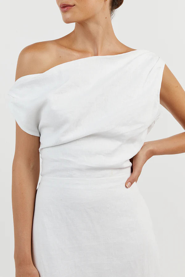 CASS WHITE LINEN ASYM MIDI DRESS | DISSH