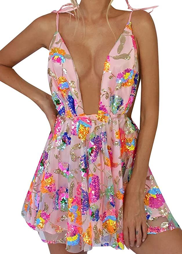 SHIBAOZI Sexy Women Girls Sequin Dresses Backless Low-Cut Spaghetti Strap Mini Dress Sparkly Birt... | Amazon (US)