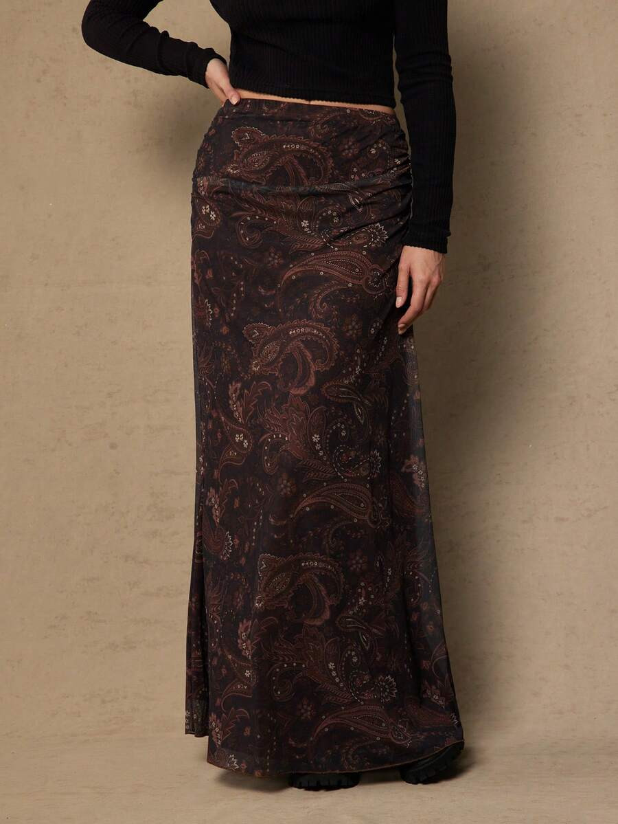 Freevana Plus Size Casual Bohemian Vintage Western Paisley & Cashew Flower Print Versatile Brown Knit Skirt For Women, Autumn/Winter Fall | SHEIN