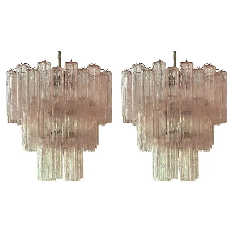 Pair of Pink Murano Chandeliers Tronchi | 1stDibs