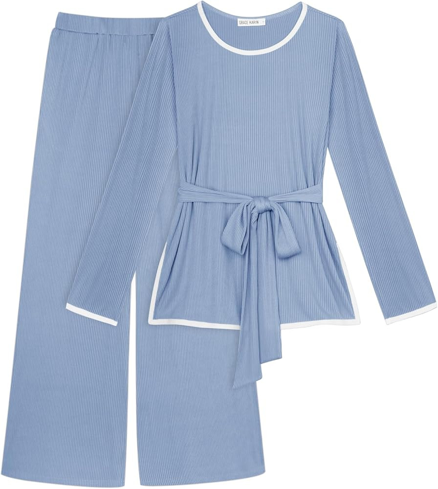 GRACE KARIN 2 Piece Sets for Women Ribbed Tie Front Top & Wide Leg Pants Lounge Matching Sets Tra... | Amazon (US)