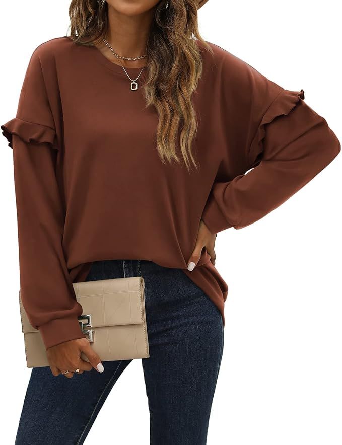 Amazon.com: Sweatshirt for Women Crew Neck Ruffle Sleeve Tops Fall Tshirts Caramel M : Clothing, ... | Amazon (US)