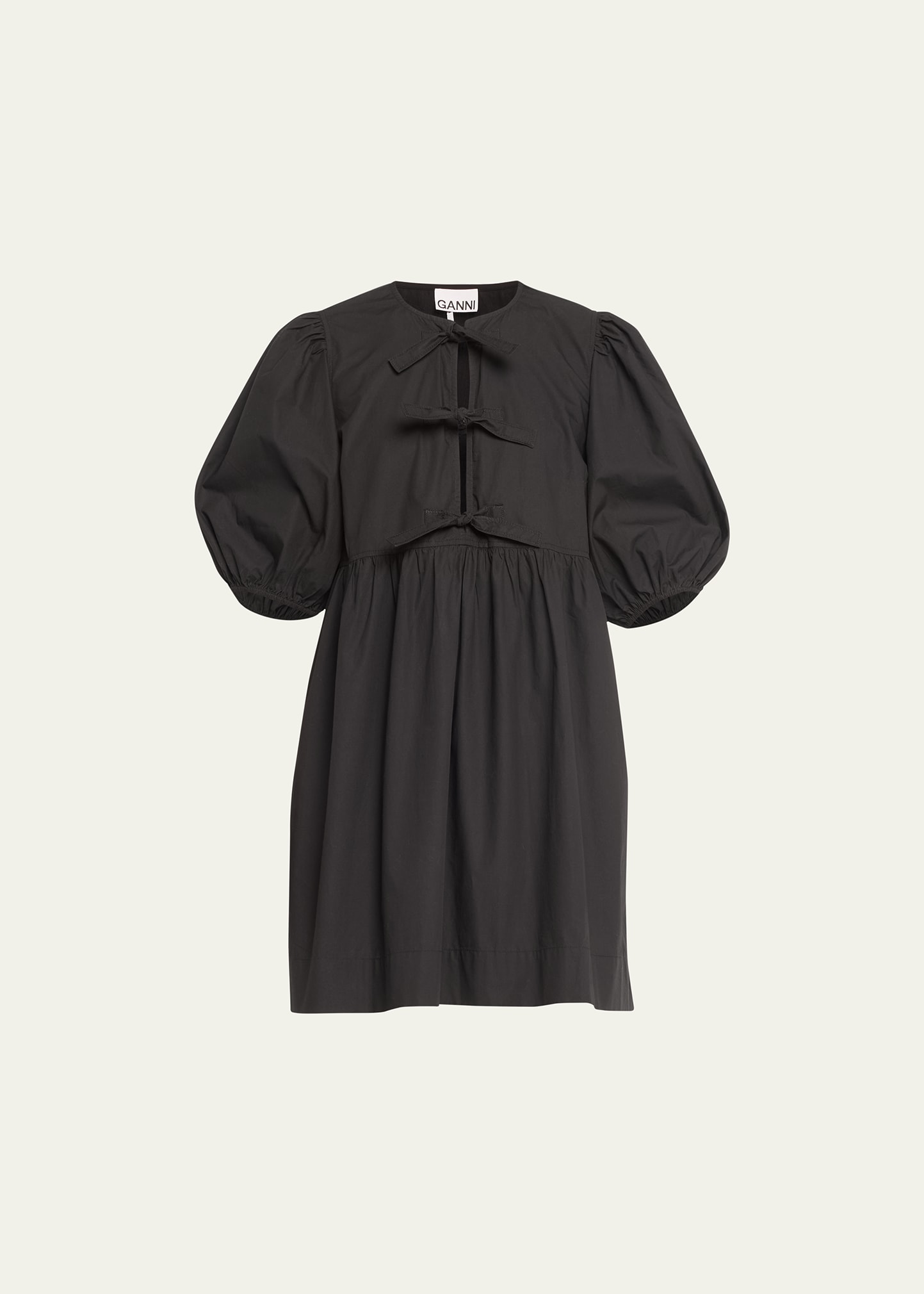 Ganni Tie-Front Puff-Sleeve Poplin Mini Dress | Bergdorf Goodman