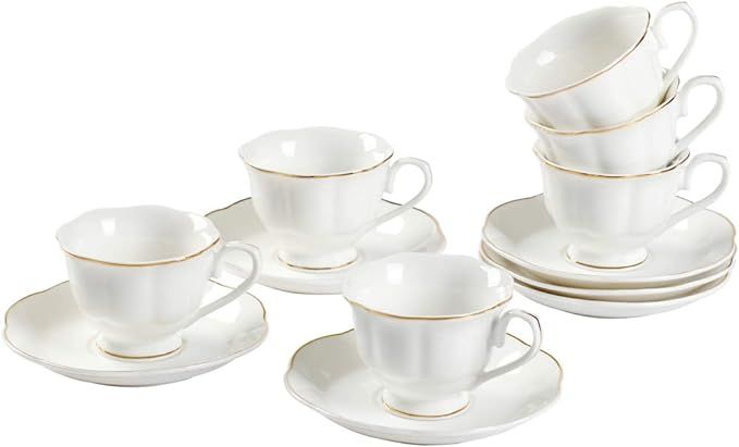 GuangYang 12 PCS White Tea Set-Fine Porcelain Tea Cup and Saucer set of 6 with Gold Line Handle f... | Amazon (US)