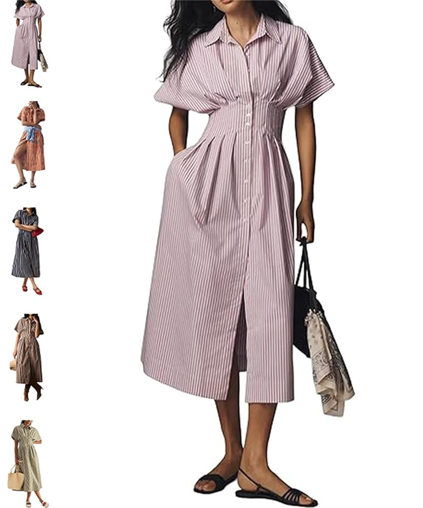 Striped Button Pleated Shirt Maxi Dress for Women Summer Short Sleeve Striped Blouse Casual Corse... | Amazon (US)