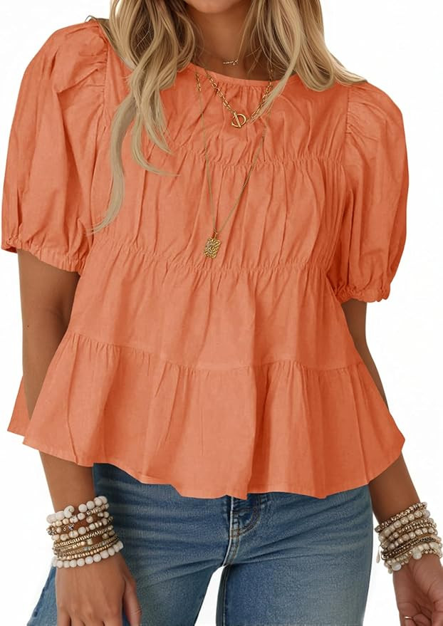 Tankaneo Womens Puff Sleeve Peplum Babydoll Tops Summer Smoked Pleated Cotton T-Shirts Casual Loo... | Amazon (US)