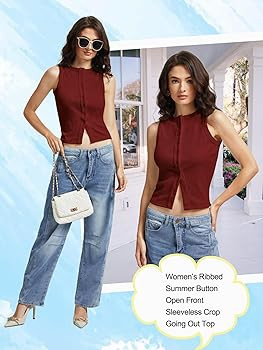 Women’s Button Down Tank Tops Sleeveless Ribbed Crop Summer Button Up Crewneck Vest Shirt Going... | Amazon (US)