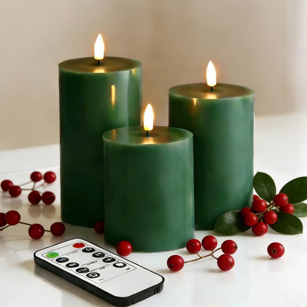 Eywamage Green Christmas Flameless Pillar Candles with Remote, Flickering Battery Operated LED Wa... | Amazon (US)