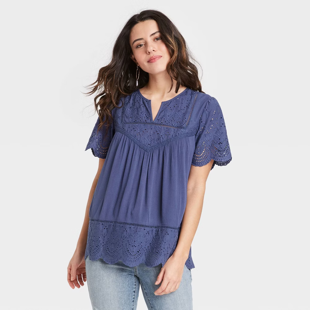 Women's Short Sleeve Eyelet V-Neck Top - Knox Rose Navy XXL, Blue | Target