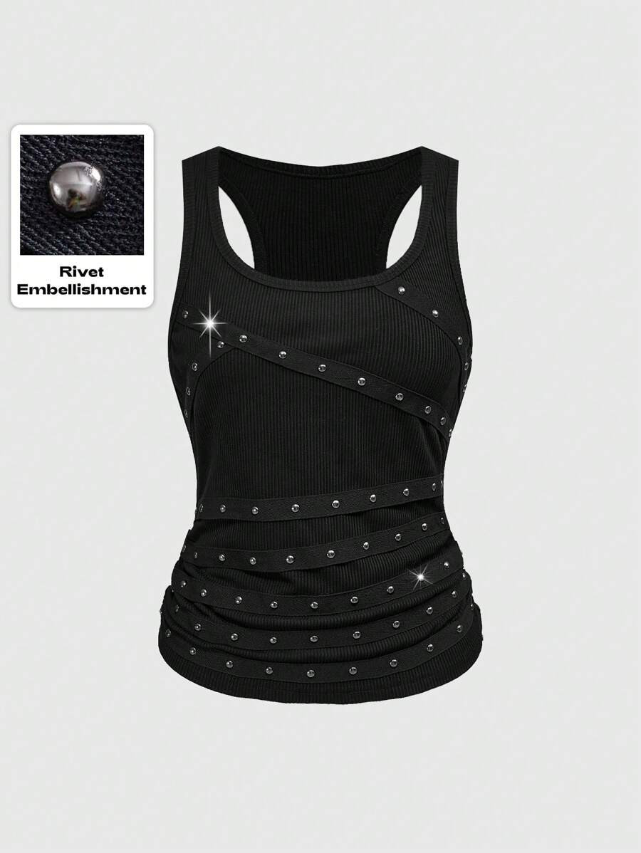 ROMWE Grunge Punk Women's Sleeveless Sexy Black Tank Top With Stud, Rhinestone, Ribbon Detail - S... | SHEIN