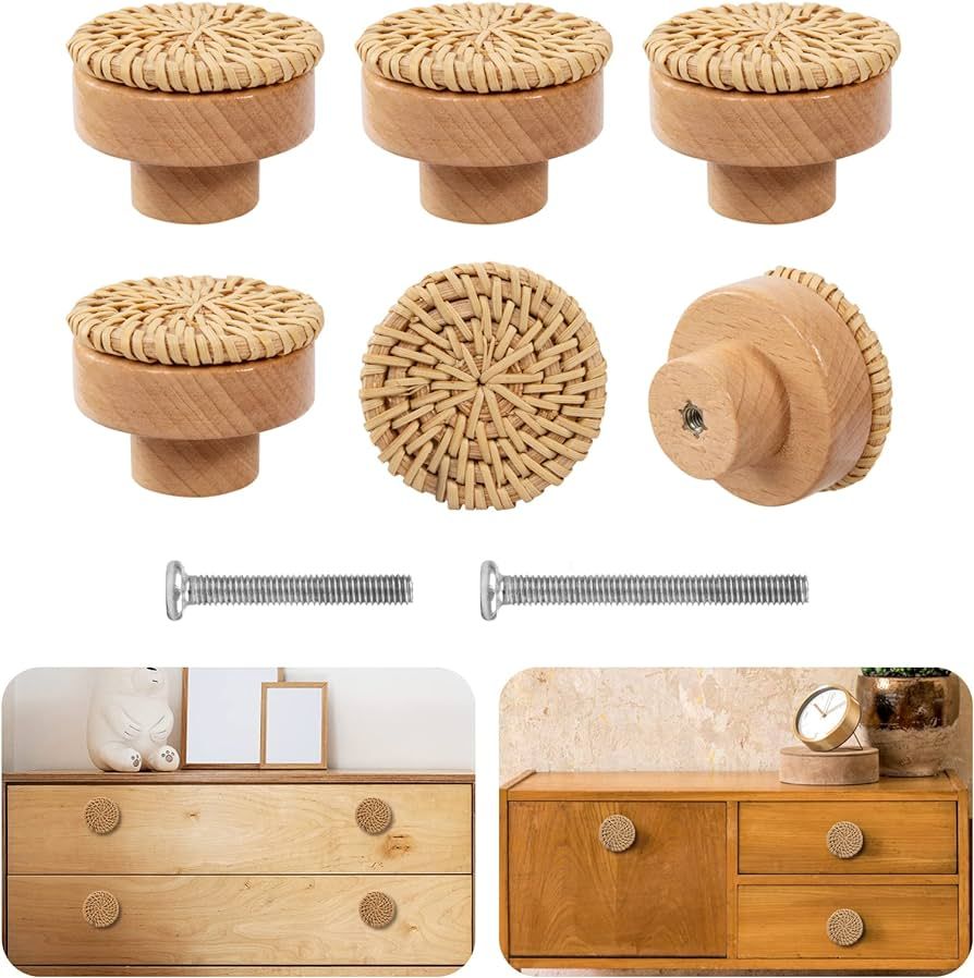 ANPHSIN Boho Rattan Dresser Knobs- Durable Beech Wood Drawer Knobs, Decorative Handmade Wicker Wo... | Amazon (US)