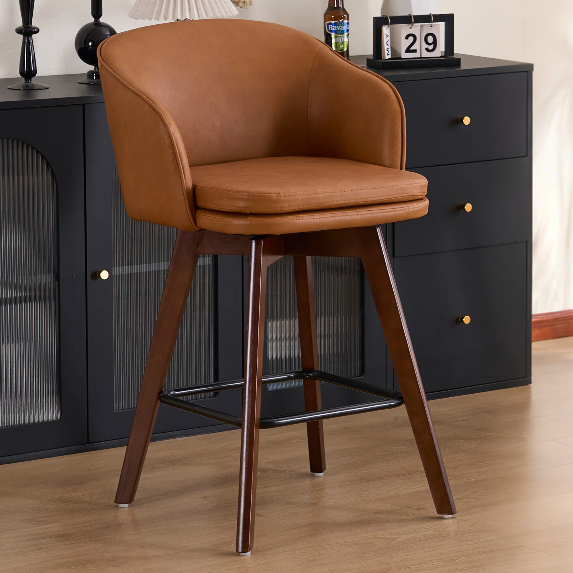 Counter Height Bar Stool Swivel Bar Chair With Back & Wood Legs Upholstered Barstool For Kitchen ... | Wayfair North America