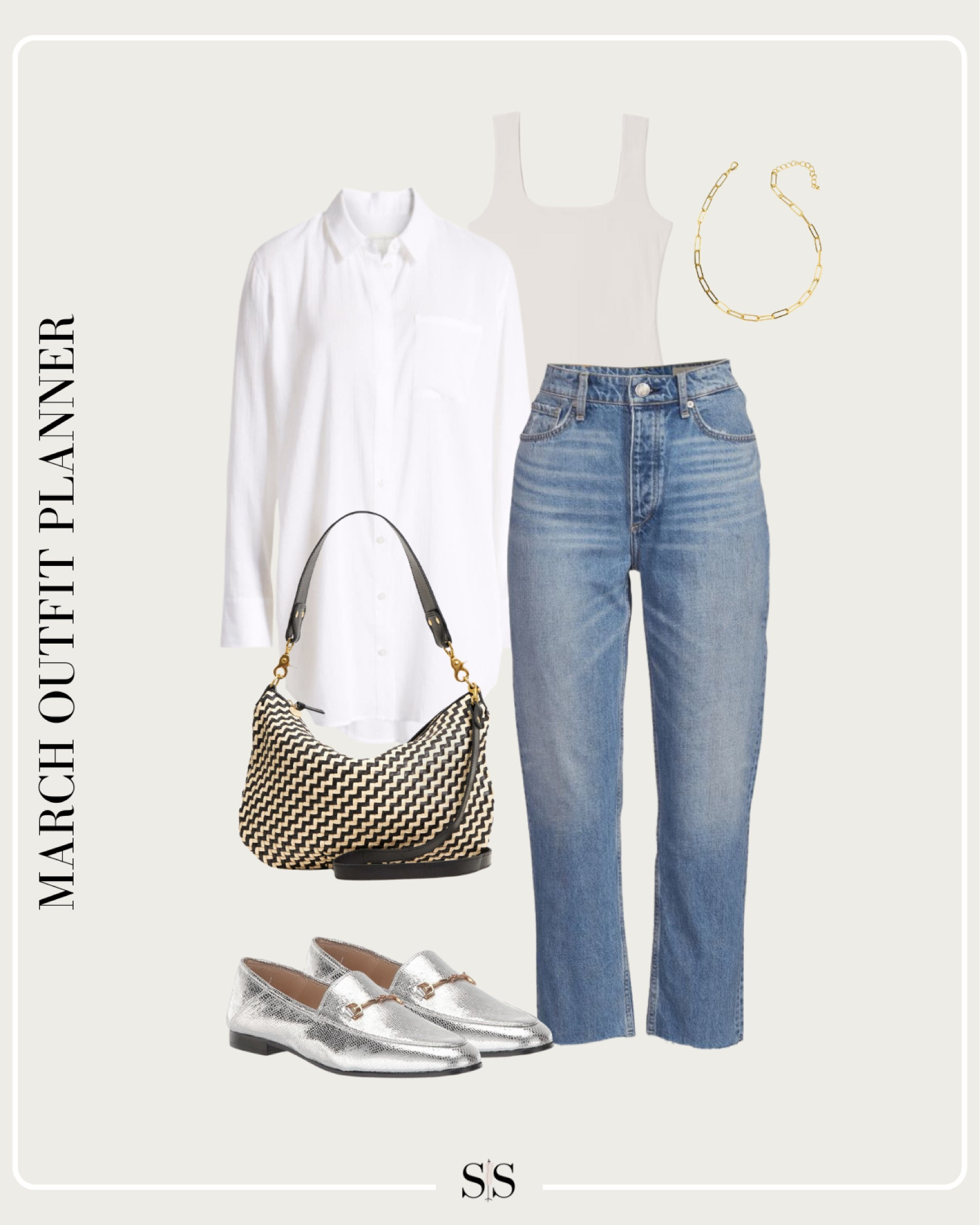 Monthly outfit planner MARCH: Winter to Spring transitional looks | oversized white button down, straight ankle jean, metallic loafer, woven bag 

#springoutfit 

#LTKStyleTip