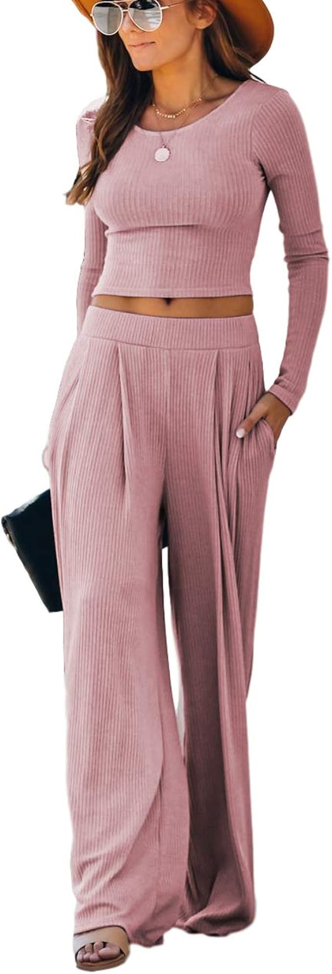 Lveberw Lounge Set Womens, Outfits Sets, Ribbed Crop Top Long Sleeve, Palazzo Pants - Loose Sweat... | Amazon (US)