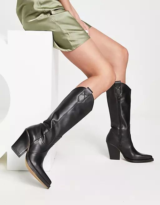 ASOS DESIGN Camouflage premium leather western knee boots in black | ASOS | ASOS (Global)