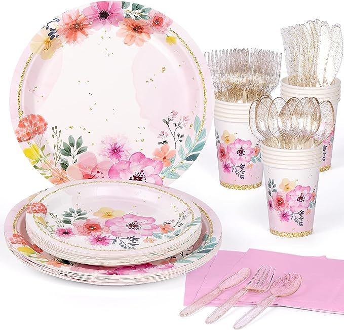 DECORLIFE Floral Party Plates Set Serves 16, Pink Flower Paper Plates, Cups, Napkins Included for... | Amazon (US)