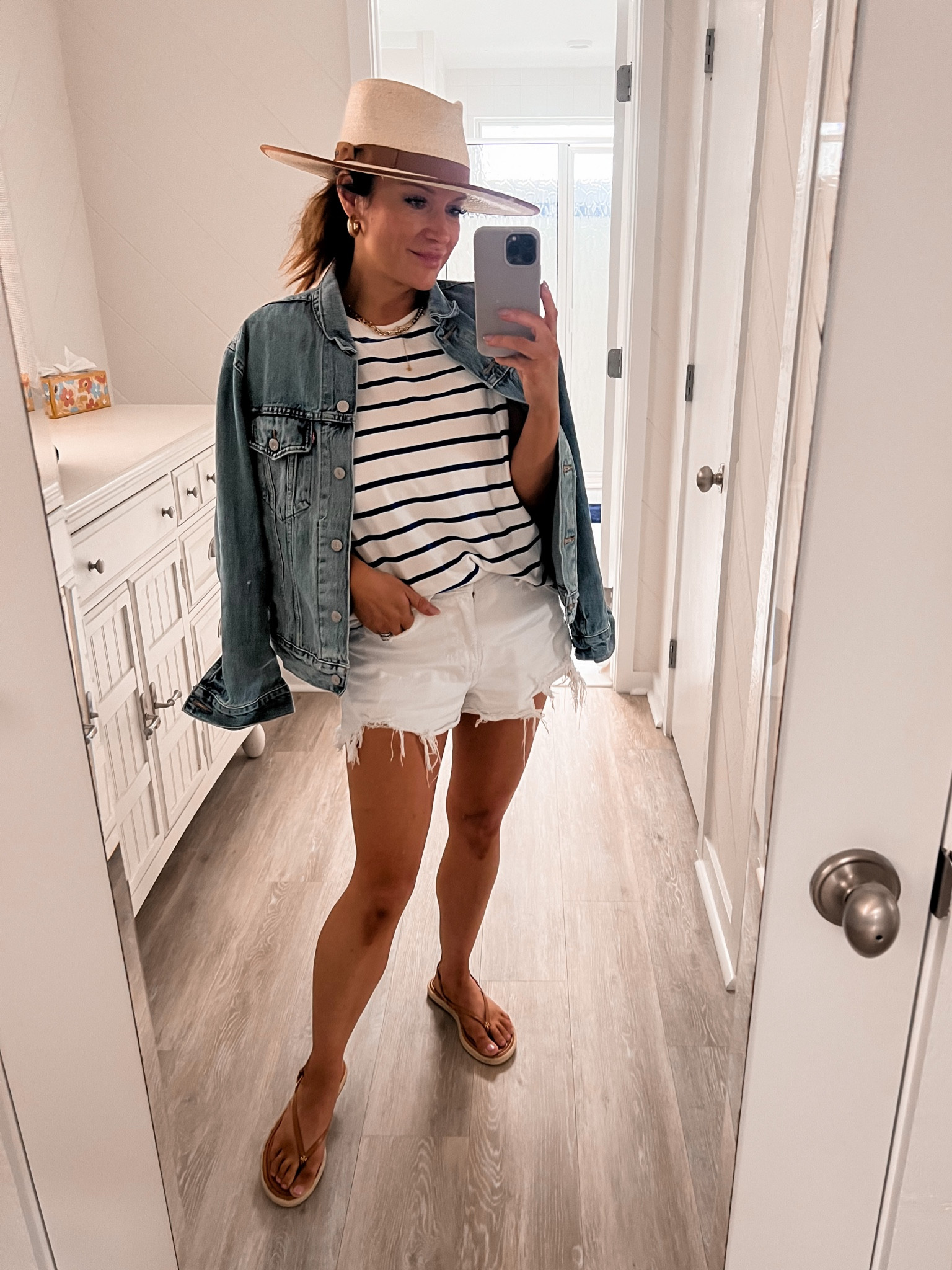 Beach outfit, casual outfit, weekend outfit, striped shirt, denim jacket, denim shorts, tory Burch sandals

#LTKshoecrush #LTKtravel #LTKsalealert