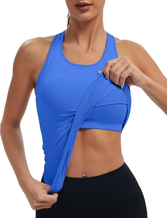 Women's Seamless Racerback Tank Top, Crew Neck Workout Yoga Padded Athletic Shirts | Amazon (US)