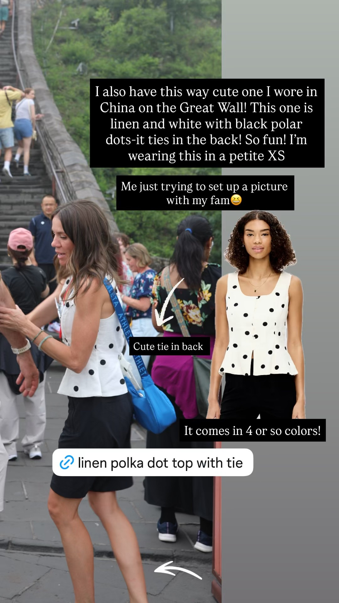 I also have this way cute top I wore in China on the Great Wall! This one is linen and white with black polar dots-it ties in the back! So fun! I'm wearing this in a petite XS

#LTKTravel #LTKgrwm #LTKmomlife