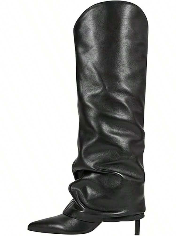 Fold Over Knee High Boots For Women Wide Calf Pointed Toe Tall Long Boot Stiletto High Heels Fall Pull Fashion Casual Dressy | SHEIN