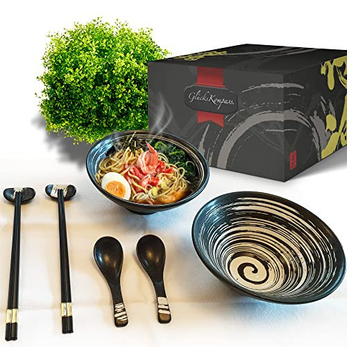 Japanese Ramen Bowl Set (8 pcs, ceramic) with chopsticks, spoons, large 8 inches diameter, 32 oz (1 quart) | microwavable | Pho Bowls Noodle Soup Bowl Asian Rice Bowl | Amazon (US)