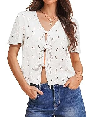 Totatuit Women Tie Front Tops Trendy Summer Beach Shirts Loose Fit Blouses Eyelet Top | Amazon (US)